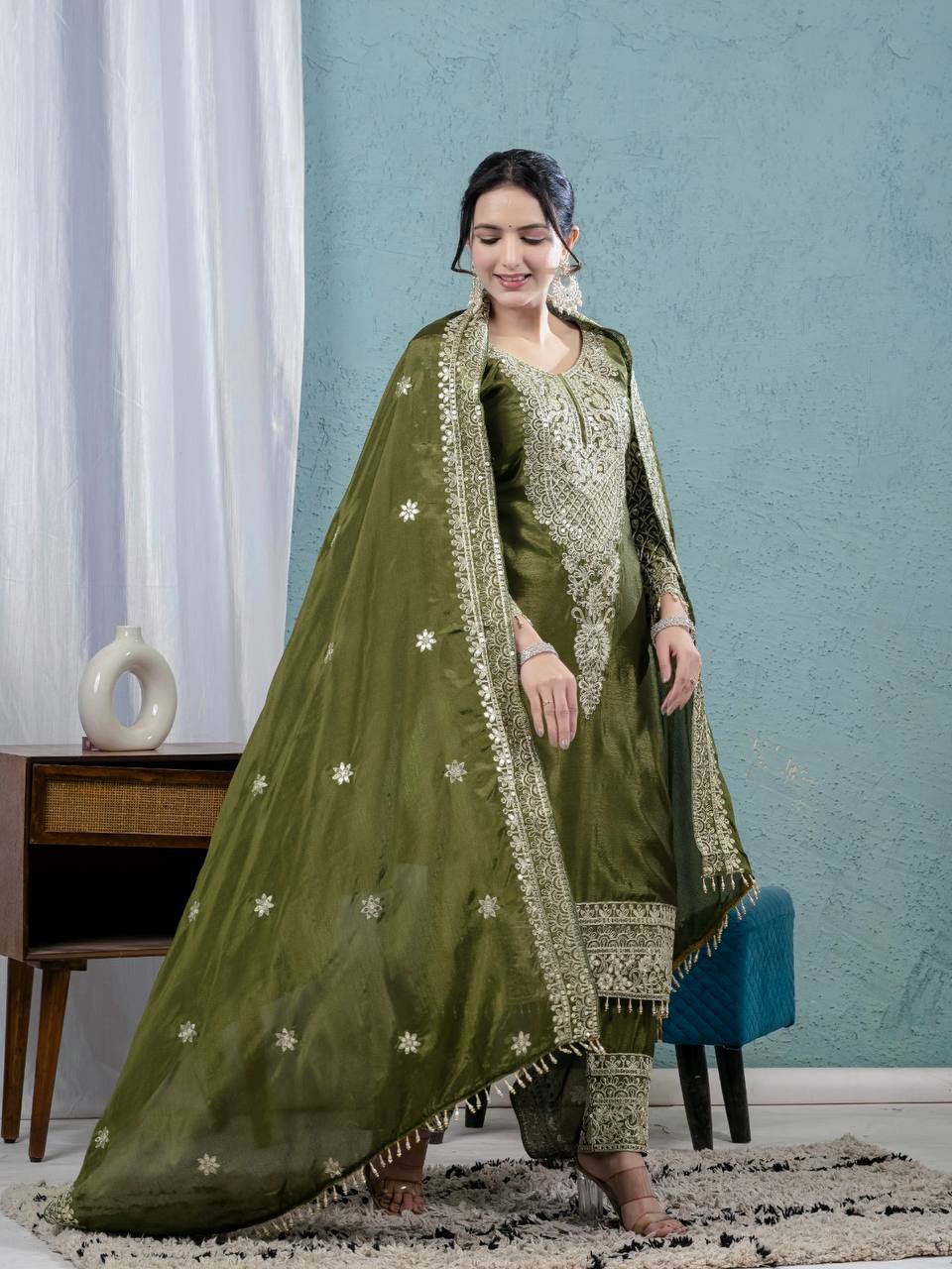 Deep Moss Satin Embellished Set